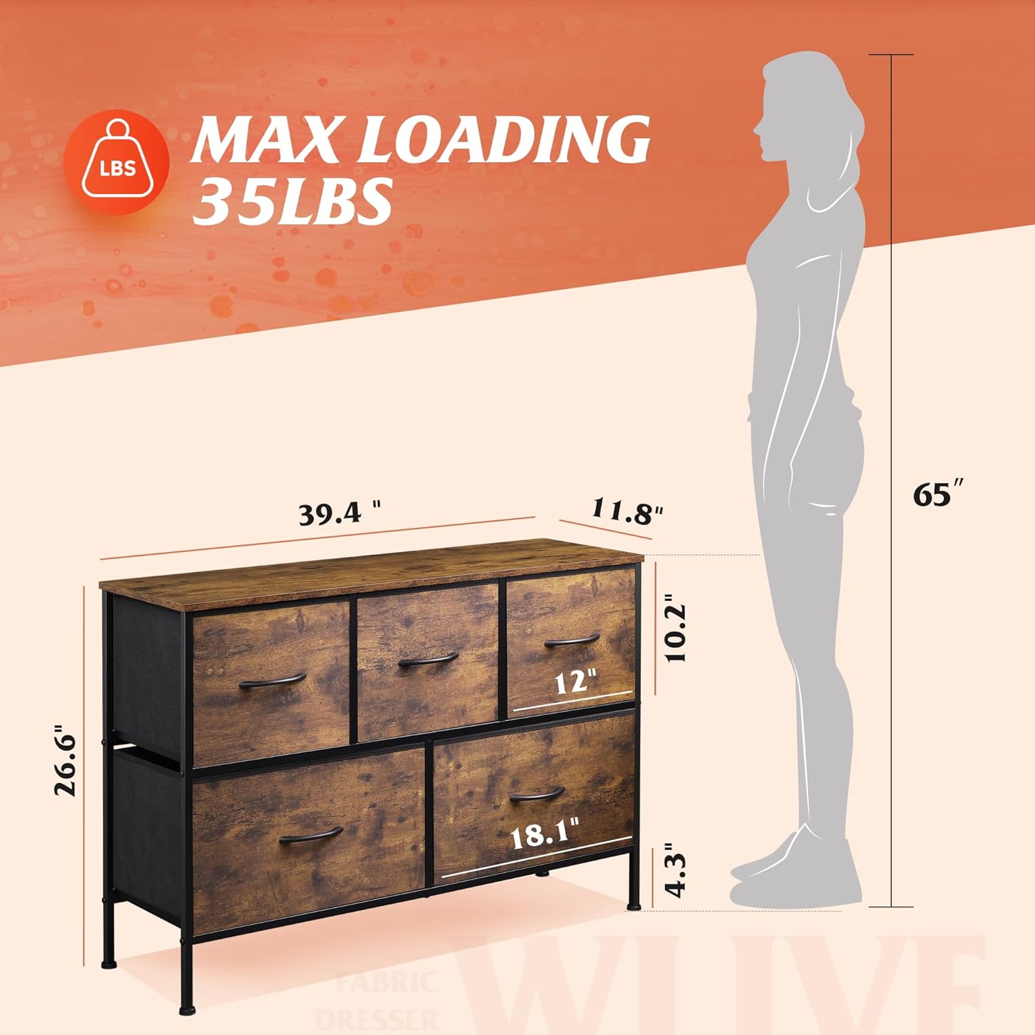 5-Drawer Fabric Dresser – Bedroom & Closet Storage Organizer, Rustic Brown