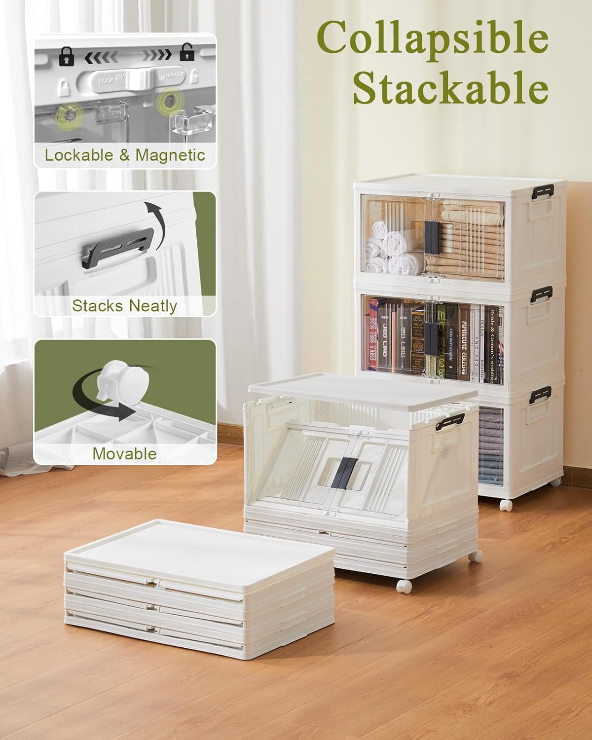 144QT Folding Storage Bins with Doors & Wheels – Stackable Lockable Organizer, 3-Pack