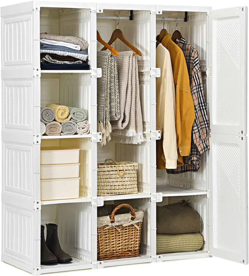Portable Foldable Wardrobe Closet with Cubby Storage, Hanging Rods & Magnetic Doors – Easy Assemble Clothing Organizer