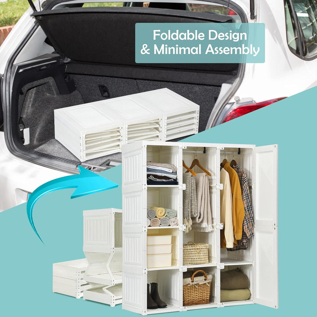Portable Foldable Wardrobe Closet with Cubby Storage, Hanging Rods & Magnetic Doors – Easy Assemble Clothing Organizer