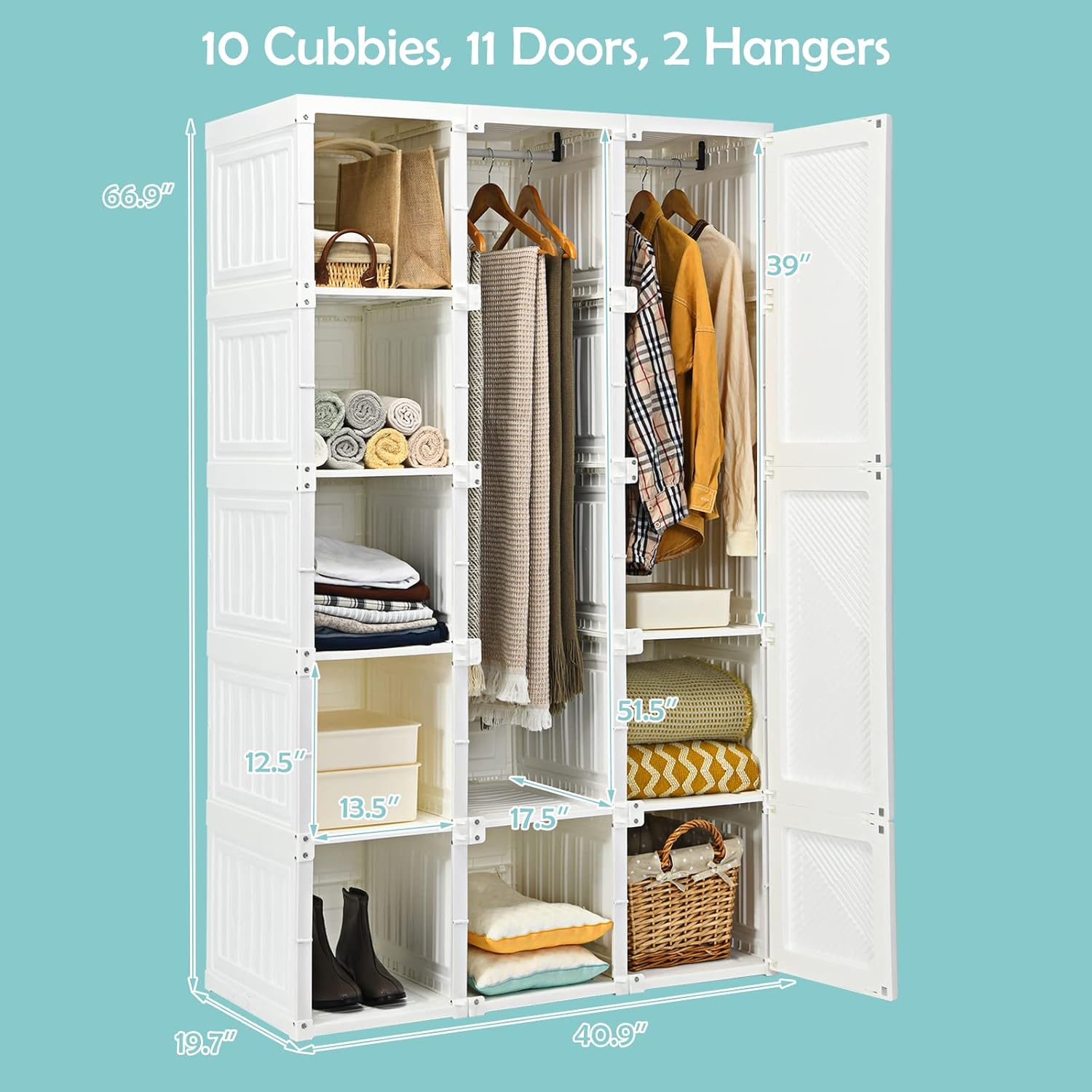 Portable Foldable Wardrobe Closet with Cubby Storage, Hanging Rods & Magnetic Doors – Easy Assemble Clothing Organizer