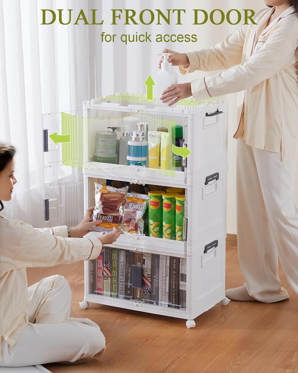 144QT Folding Storage Bins with Doors & Wheels – Stackable Lockable Organizer, 3-Pack