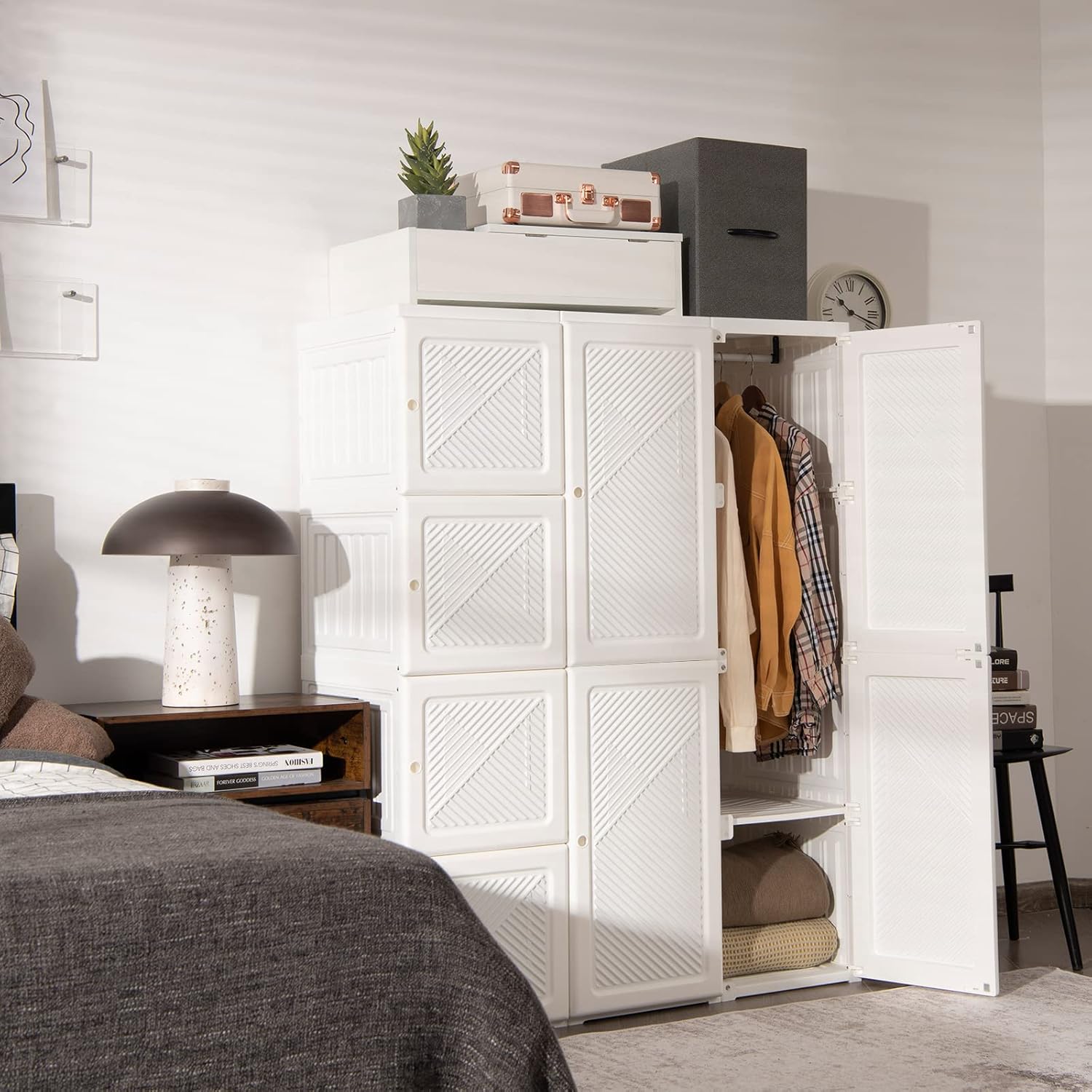 Portable Foldable Wardrobe Closet with Cubby Storage, Hanging Rods & Magnetic Doors – Easy Assemble Clothing Organizer