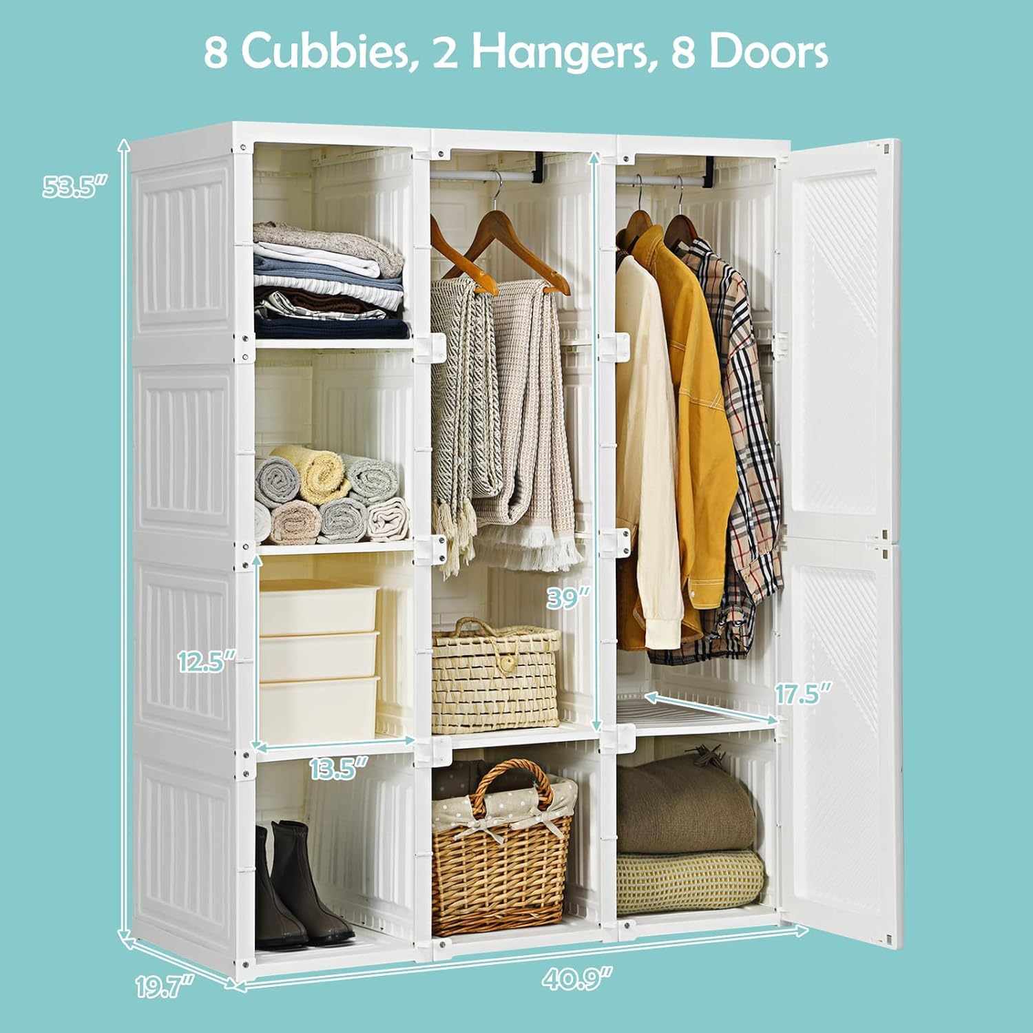 Portable Foldable Wardrobe Closet with Cubby Storage, Hanging Rods & Magnetic Doors – Easy Assemble Clothing Organizer