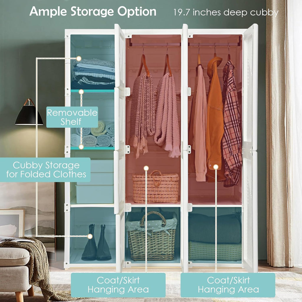 Portable Foldable Wardrobe Closet with Cubby Storage, Hanging Rods & Magnetic Doors – Easy Assemble Clothing Organizer