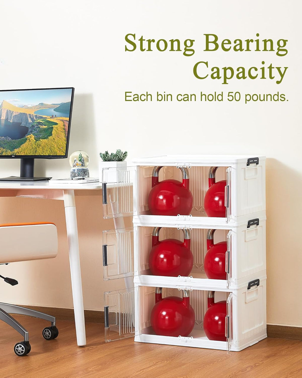 144QT Folding Storage Bins with Doors & Wheels – Stackable Lockable Organizer, 3-Pack