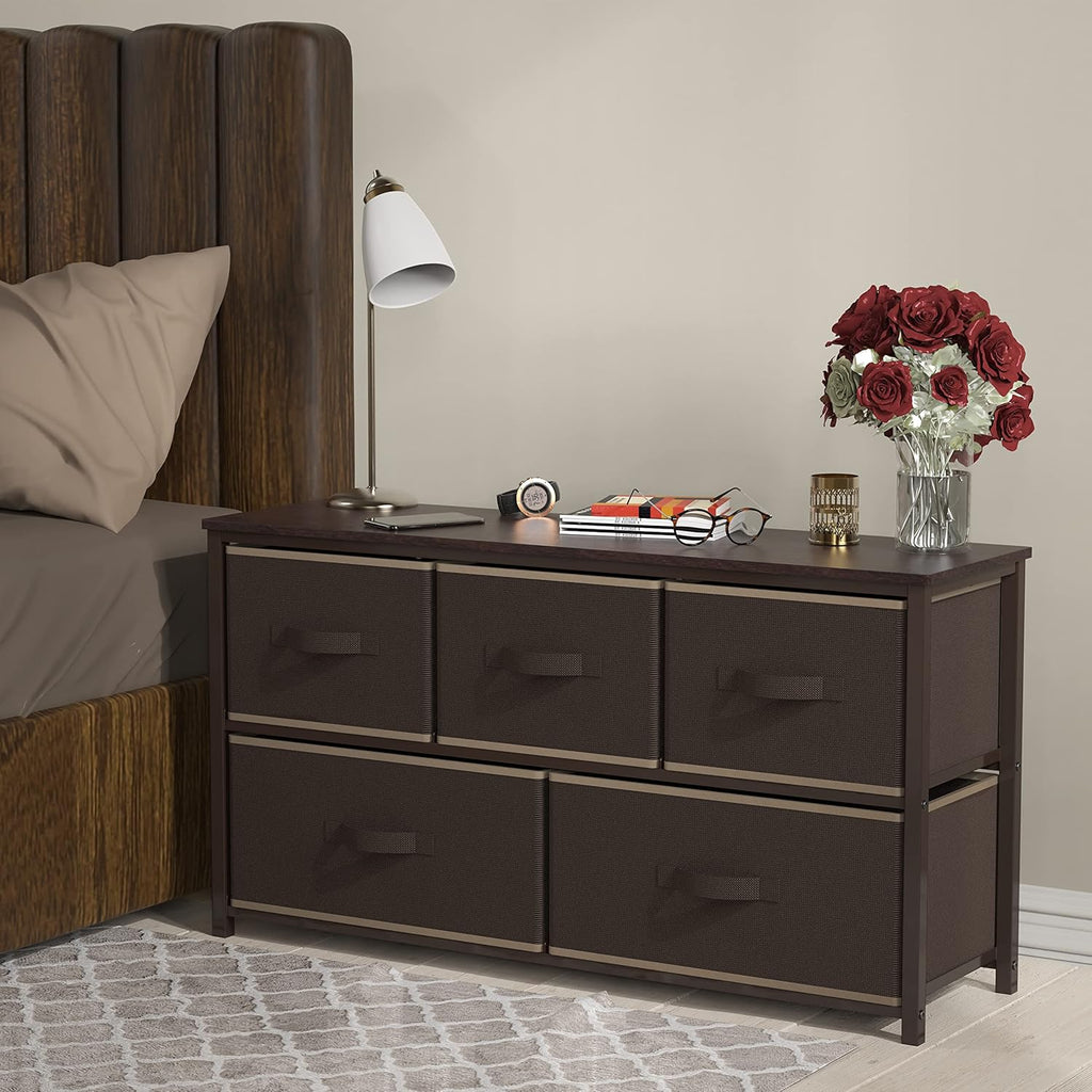 5-Drawer Wide Dresser – Fabric Storage Organizer for Bedroom, Brown