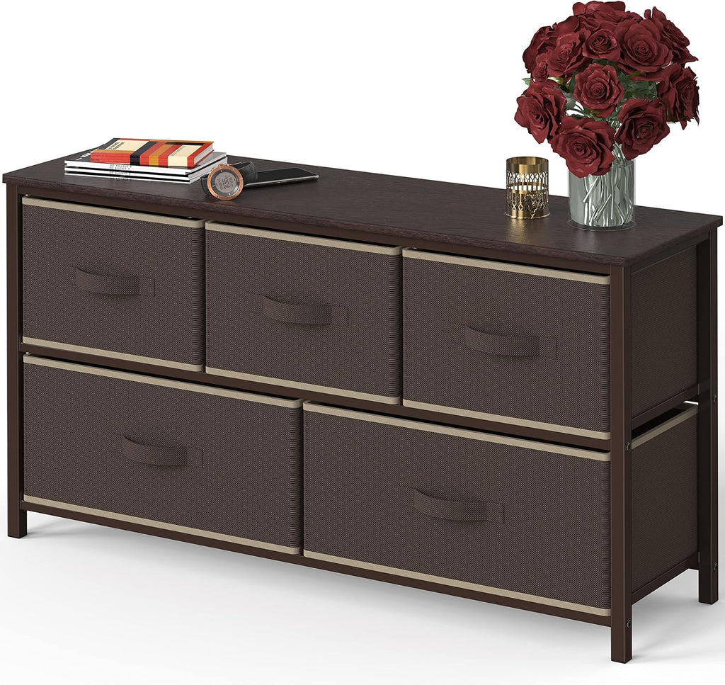 5-Drawer Wide Dresser – Fabric Storage Organizer for Bedroom, Brown