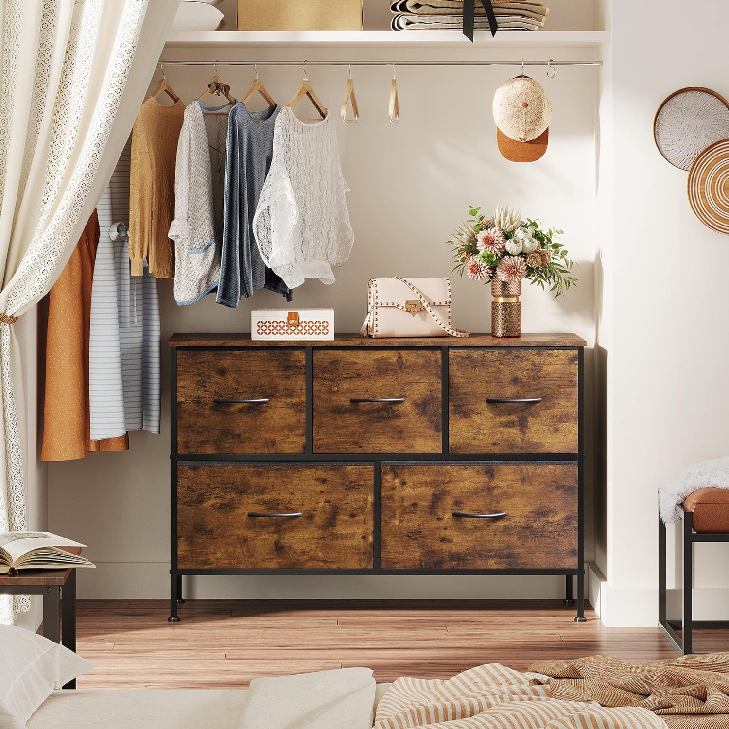 5-Drawer Fabric Dresser – Bedroom & Closet Storage Organizer, Rustic Brown